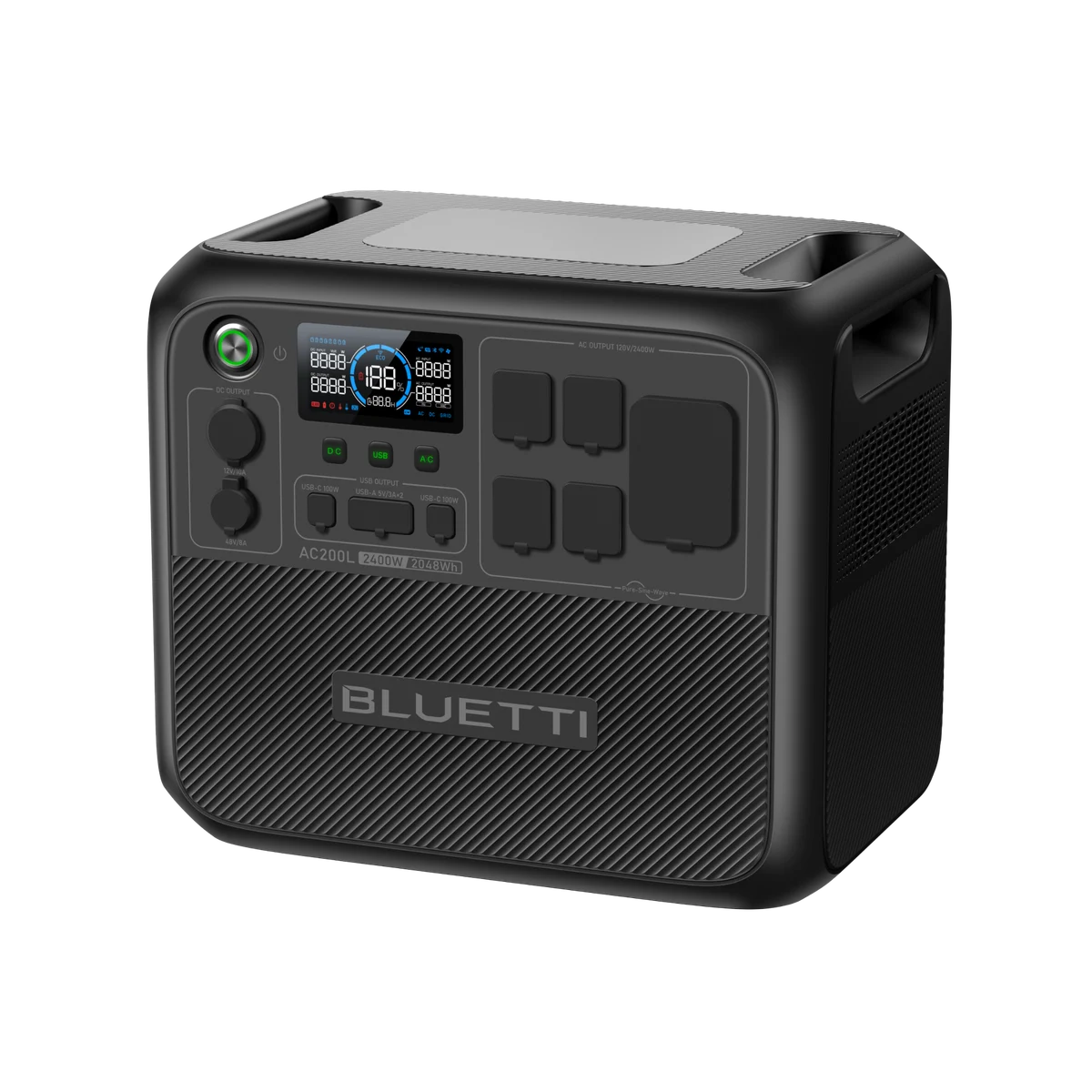 Official front view of the BLUETTI AC200L controls and covered outlets